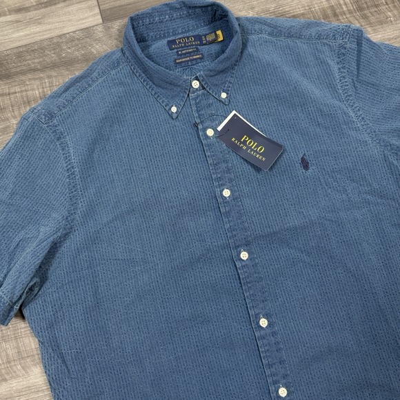 Polo Ralph Lauren Men's‎ Seersucker Short Sleeve Striped Shirt Blue Size XL NEW